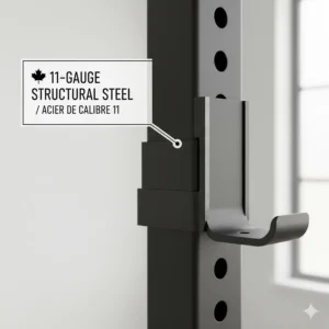 Graphic highlighting the 11-gauge structural steel used in high-quality Canadian-distributed power racks.
