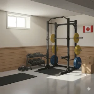 Compact power rack under $300 installed in a finished Canadian basement gym.