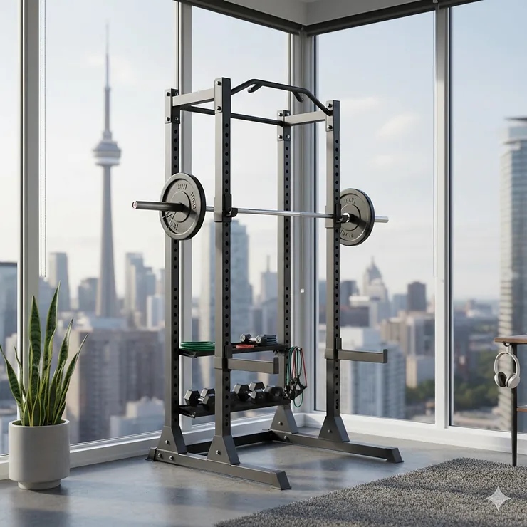 A compact, apartment-friendly power rack in a modern Toronto condo with a view of the CN Tower.