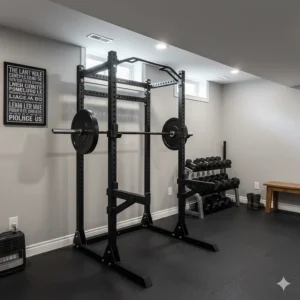 A compact power rack installed in a finished Canadian basement gym with rubber flooring.