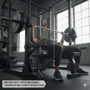 Technical drawing of a lifter performing a bench press with safety spotter arms set at the correct height for protection.