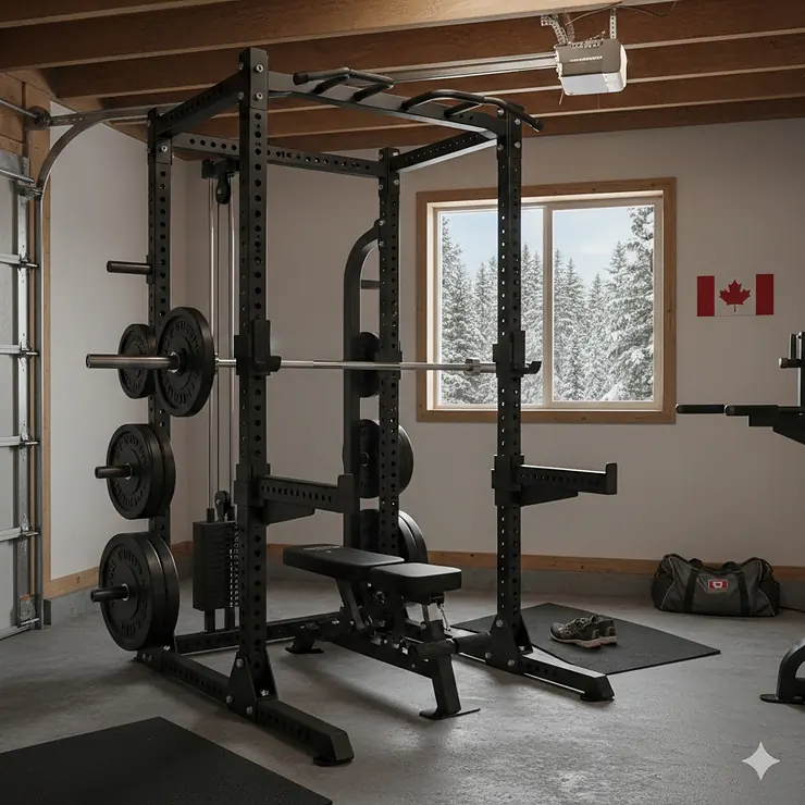 A fully equipped home gym in a Canadian garage featuring premium power rack accessories like spotter arms and a pull-up bar.