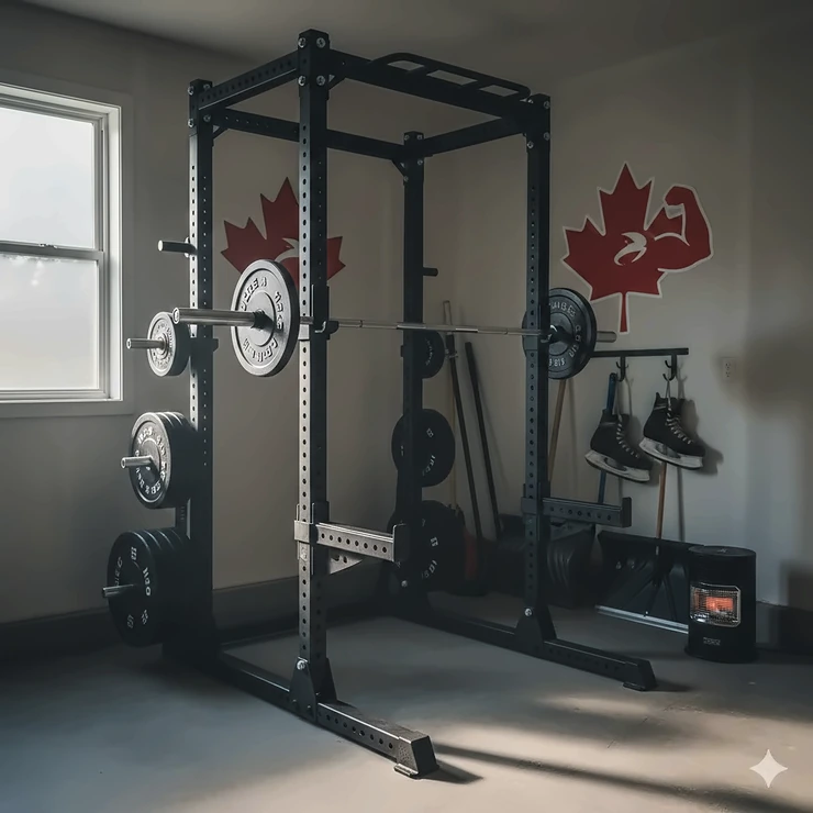 A heavy-duty steel power rack under $1000 in a Canadian home garage gym with Olympic weights and a maple leaf wall decal.