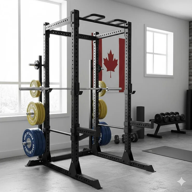 A high-quality power rack under $300 in a modern Canadian home gym setting with natural light.