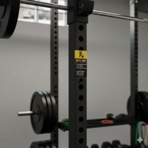 Close-up illustration of safety labels on a power rack in both English and French (Sécurité).