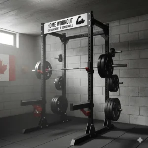 Affordable power rack under $1000 for Canadian lifters featuring "Entraînement à domicile" signage.