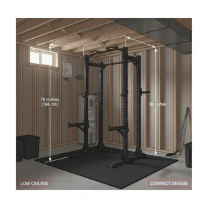Compact budget power rack dimensions showing height clearance for standard Canadian basement ceilings.