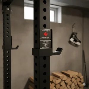 Detail shot of a foldable power rack featuring bilingual English and French "Designed in Canada" branding on the steel uprights.