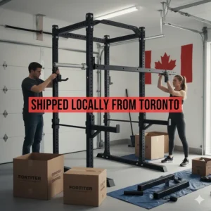 A commercial power rack being assembled, showcasing fast shipping and local availability across Canada.