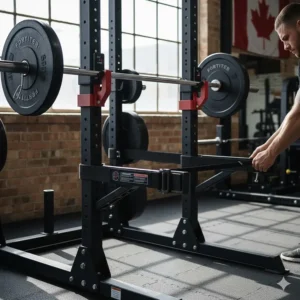 Adjustable safety straps and J-cups on a commercial power rack for secure solo weightlifting sessions.