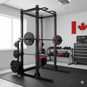 Space-saving commercial power rack design ideal for smaller Canadian commercial studios or home gyms.