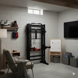 A foldable power rack shown in a multi-purpose Canadian basement room, tucked away near a kids' play area and storage.