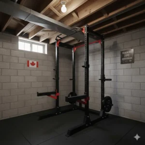 Space-saving power rack under $1000 designed for low-ceiling Canadian basements.