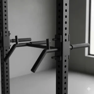 Multi-grip dip station attachment for a power rack, essential for a versatile Canadian home fitness setup.