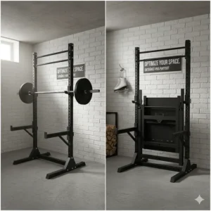 Side-by-side comparison of a foldable squat rack in use versus folded flat against a basement wall to optimize home gym space.