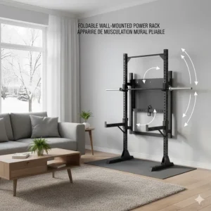Schematic of a wall-mounted foldable power rack designed for multi-use Canadian living rooms.