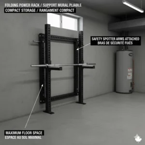 Space-saving illustration of safety spotter arms used on a wall-mounted folding rack, ideal for compact Canadian basements.