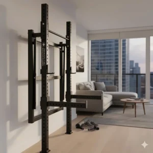 A wall-mounted folding power rack ideal for space-saving workouts in a Toronto or Vancouver condo.