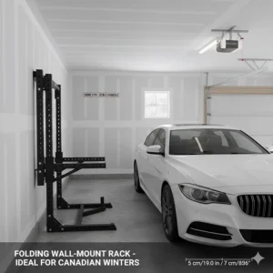 Space-saving folding power rack mounted on a garage wall, ideal for parking a car during Canadian winters.