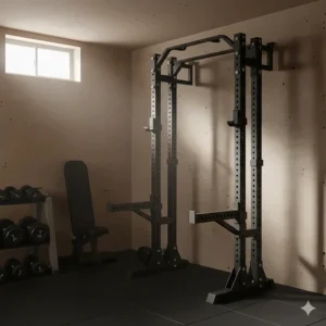 Compact folding wall mounted power rack retracted against a wall to save floor space in a small basement.