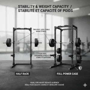Illustration of the four-post stability of a full power cage compared to a two-post half rack for heavy squats.