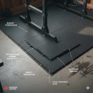 Cross-section illustration of rubber flooring tiles under a budget power rack for Canadian winter garage gyms.