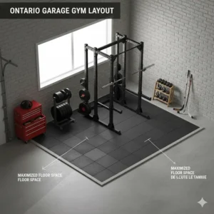 3D floor plan of a garage gym in Ontario featuring a half rack and weight plate storage to maximize floor space.