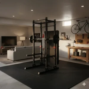 Wide angle of a complete Canadian garage gym setup featuring a foldable power rack, workbench, and organized sports equipment.