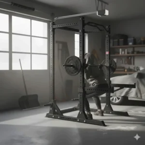 Illustration of a power rack used for indoor winter training in a Canadian garage.