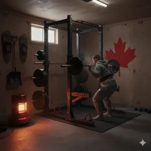 Illustration of an insulated garage gym setup in Canada featuring a power cage and a space heater.
