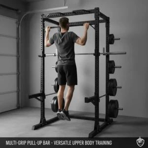 Integrated multi-grip pull-up bar on a power rack for versatile upper body training in a home gym.