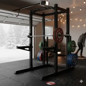 A cozy Canadian garage gym featuring a power rack with rubber flooring to protect against winter salt and grit.