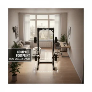 Illustration showing the compact footprint of a half rack, ideal for small Canadian apartment gyms or basement suites.