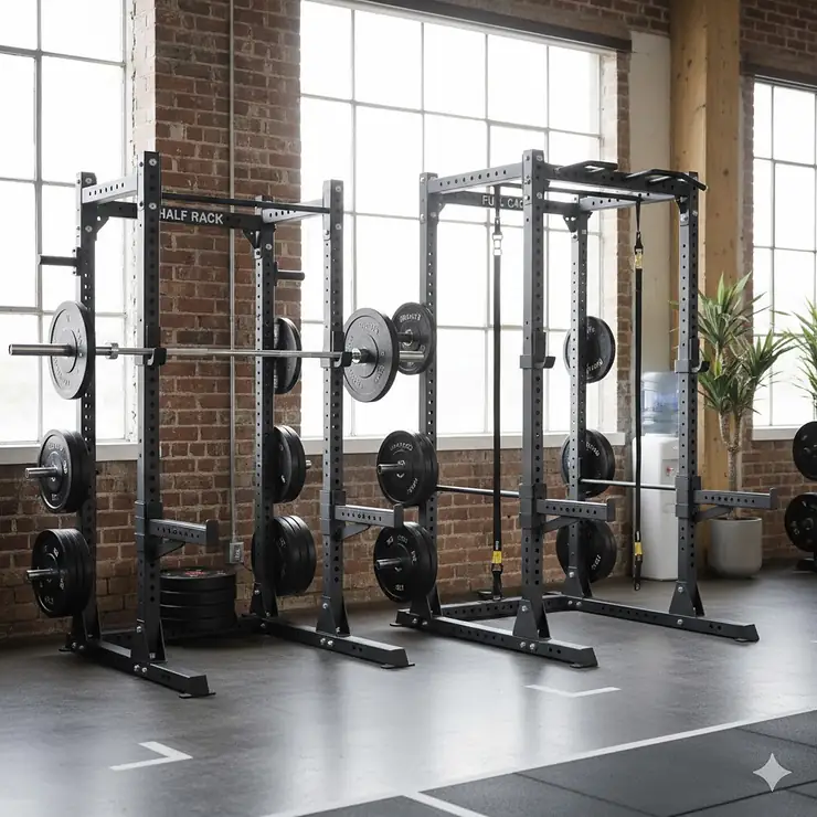 A side-by-side comparison of a space-saving half rack and a heavy-duty full power cage in a professional Vancouver gym. half rack vs full power cage