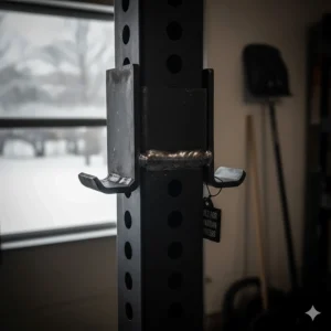 Close-up of 11-gauge steel welding on a commercial power rack built for Canadian winters and garage gyms.