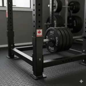 Close-up illustration of the reinforced steel base of independent squat stands rated for high-capacity Canadian powerlifting.