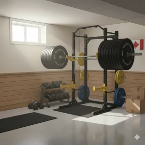 Illustration showing a $300 power rack supporting heavy Olympic weight plates.
