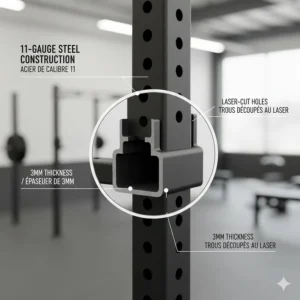 Technical illustration of 11-gauge steel construction used in high-quality Canadian power racks and cages.