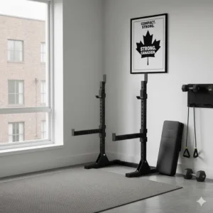 Two independent squat stands tucked neatly into a corner of a small Toronto apartment gym to maximize floor space.