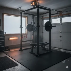 A garage gym power rack setup designed for year-round training during Canadian winters.
