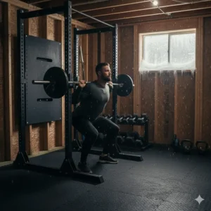 Illustration of a Canadian athlete training indoors on a power rack while it snows outside a basement window.