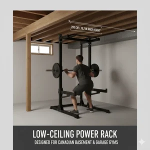 Illustration of a short-stature power rack designed for low-clearance Canadian basement or garage gyms.