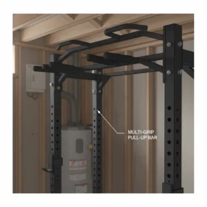 Close-up illustration of a multi-grip pull-up bar included with a budget-friendly power rack.