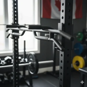 A power rack featuring a multi-grip pull-up bar for versatile upper body workouts at home.