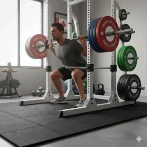 An athlete performing squats on an open-style squat rack with Canadian-made bumper plates.