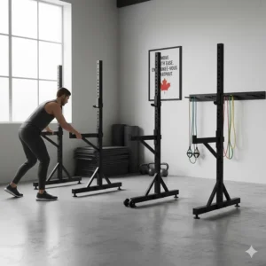 Illustration of portable independent squat stands with transport wheels, ideal for versatile Canadian multi-use gym spaces.