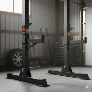 Durable powder-coated finish on independent squat stands designed to resist moisture and rust in Canadian garage environments.