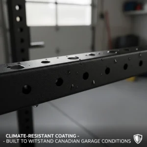 Close-up of rust-resistant powder-coated steel, built to withstand humidity and temperature shifts in Canadian garages.
