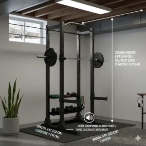 Illustration of a low-profile power rack fitting under standard 8-foot Canadian basement ceilings.