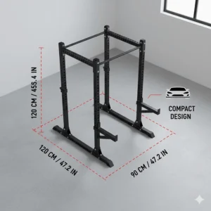 Technical diagram showing the footprint of a compact power rack for small garage spaces in meters and inches.